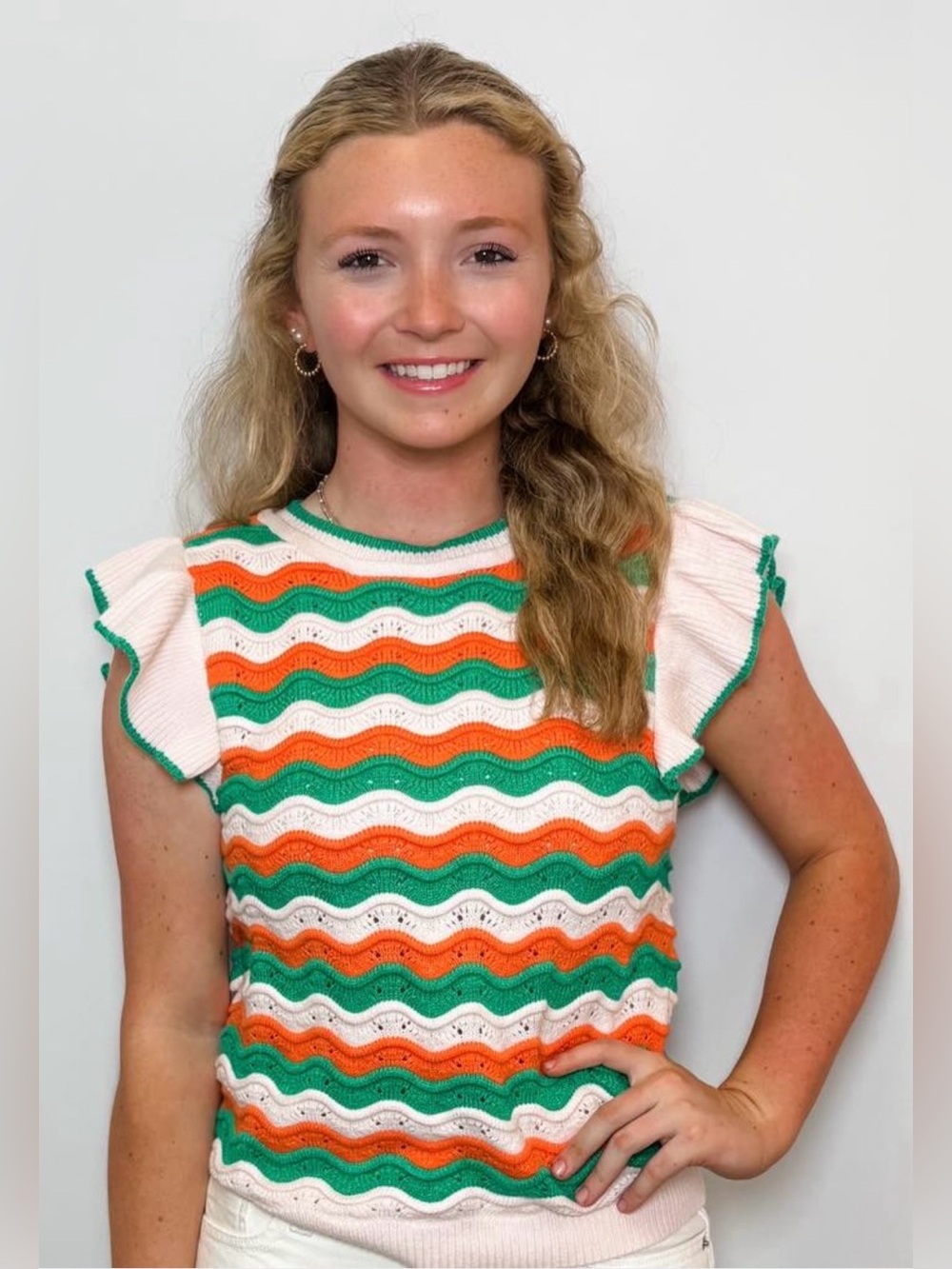 THML Flutter Sleeve Pink, Green & Orange Wave Knit Top Size S